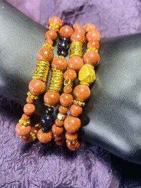 One-Of-A-Kind Brown and Dark Blue Sandstone & Pewter Bead Bracelet Set